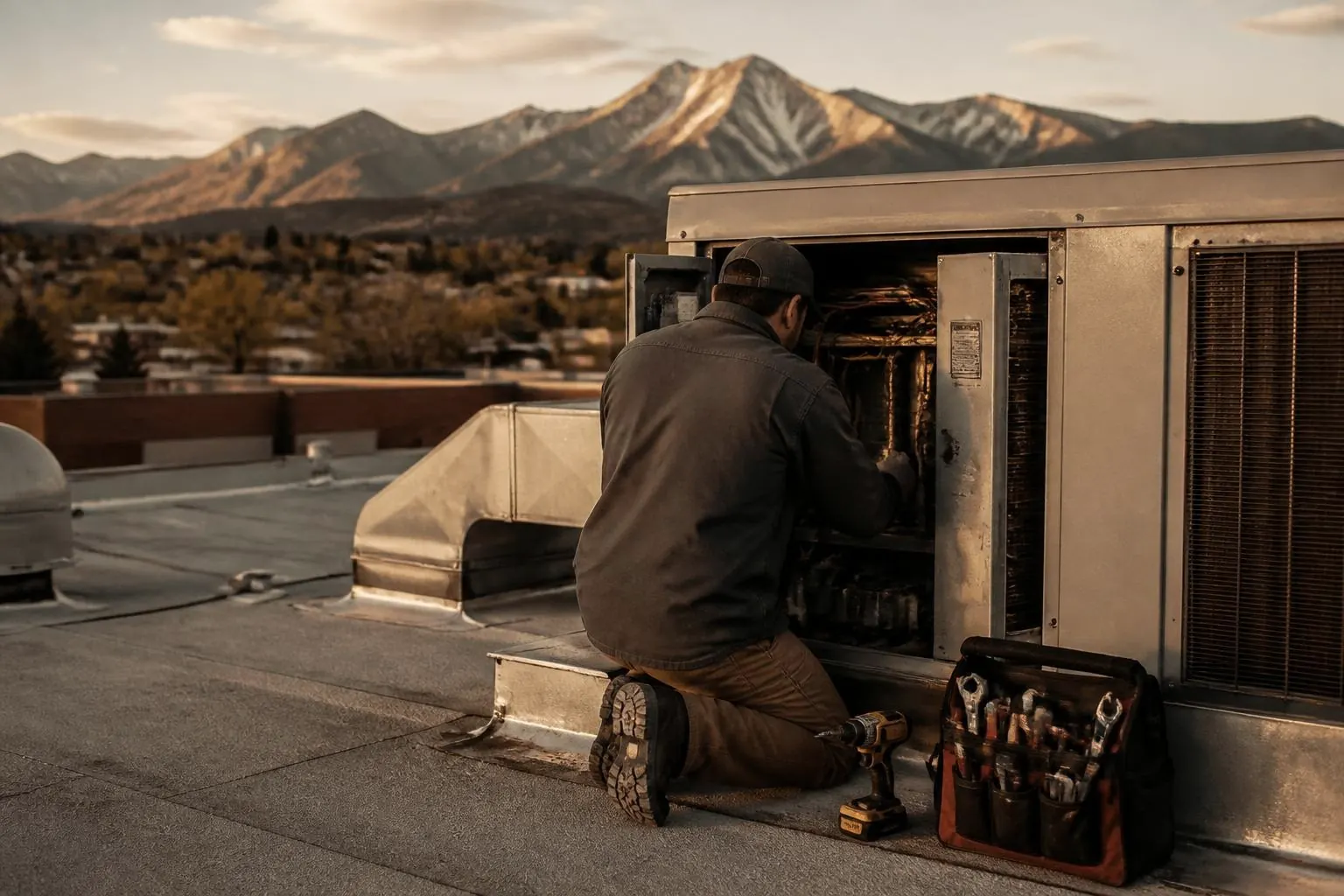 An HVAC technician, seen from behind, kneeling at an open rooftop unit with snow-capped mountains glowing at golden hour beyond.