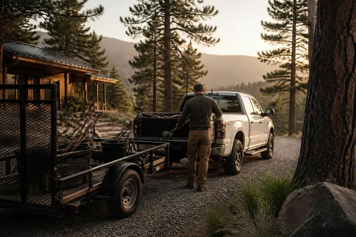 A landscaper unloading tools from a pickup and trailer among ponderosa pines.