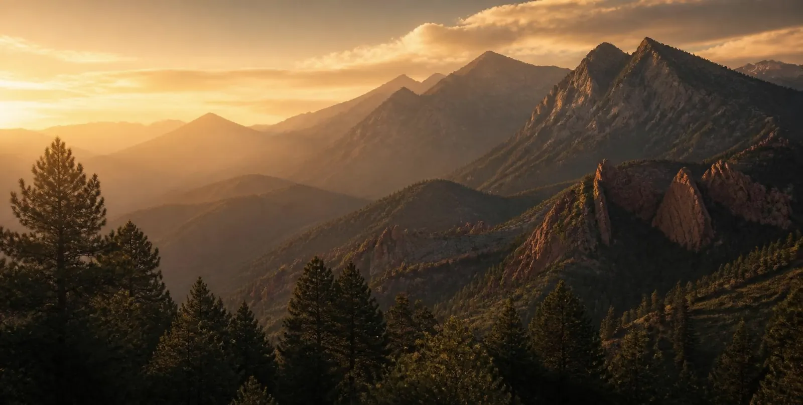 Layered mountain ridges in warm golden-hour haze, with pines and red rock in the foreground.