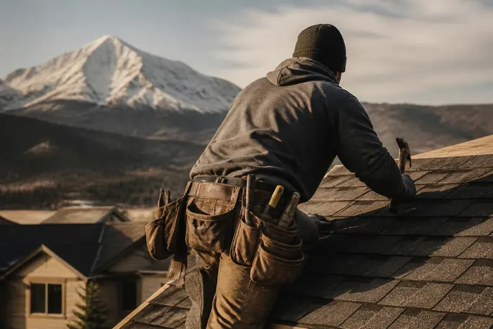 A roofer from behind nailing shingles, a snowy peak beyond.